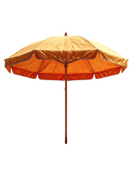 Open orange parasol with wooden pole against a black background