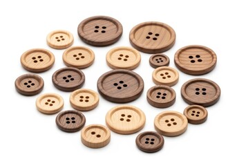 Assortment of round wooden fasteners with four holes arranged on a clean white surface