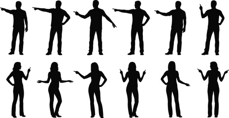 Obraz premium Pointing people silhouettes set, men and women gesture poses collection isolated on white background vector illustration design for communication concepts