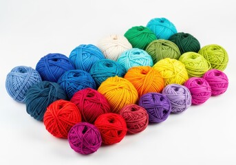 Numerous colorful balls of yarn are arranged diagonally on a white surface