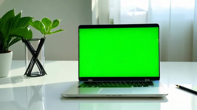 A modern laptop with a green screen on a white desk, next to plants and a pen. 4k Video footage.