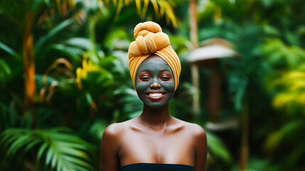Smiling African woman with clay face mask in natural tropical spa setting
