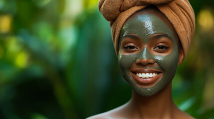 Smiling African woman with clay face mask in natural tropical spa setting