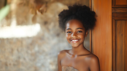 A portrait of a young black girl smiling warmly at spa
