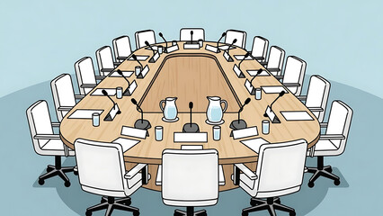 Large Round Conference Table with Chairs and Microphones