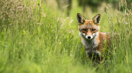 A sharp and elegant portrait of a red fox resting quietly in tall green grass.