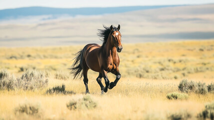 A dynamic shot of a powerful wild horse running freely across open plains.