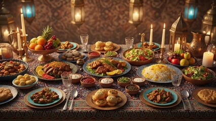Naklejka premium A delicious gourmet Christmas cake with candles centers this festive holiday table setting featuring a healthy salad and meat dishes served at a celebration banquet party