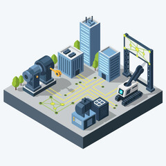Isometric 3D Cityscape with Modern Buildings and Robots.
