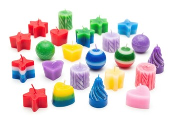 Assortment of small, colorful shaped wax illuminators scattered across a clean white background