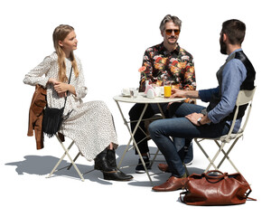 Naklejka premium Group of friends sitting in an outdoor restaurant and talking, isolated on white and transparent background