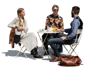 Group of friends sitting in an outdoor restaurant and talking, isolated on white and transparent background