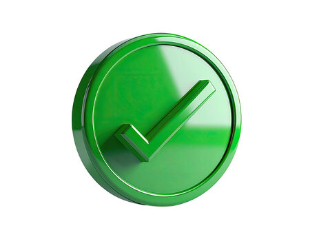 Glossy green emblem shows a raised checkmark, on black background