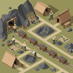 Isometric Illustration of Mining Operation Scene.