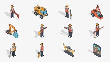 Construction Worker Characters with Equipment Isometric.
