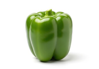 Single vibrant green bell pepper rests centered against a pure white background