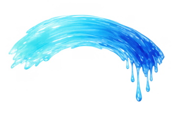 Water splash arc creating a wet effect with blue liquid flowing and dripping, transparent background