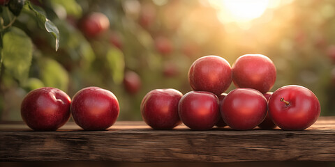 Close up of a fresh plums stacked on rustic wooden table with plum orchard background glowing in morning sun, perfect for food advertising, wellness branding, organic product packaging