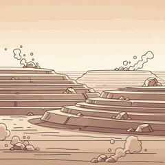 Volcanic Landscape with Erupting Volcanoes and Lava.