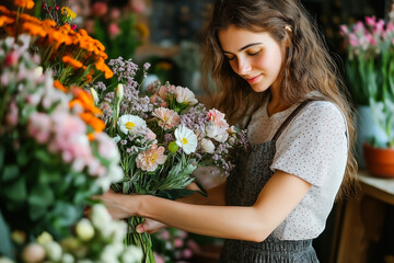 Smiling woman holding a colorful bouquet of fresh flowers
