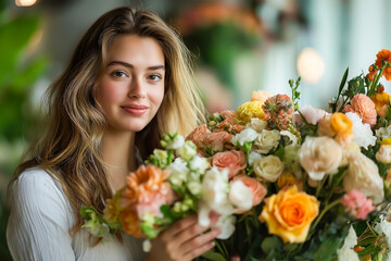 Smiling woman holding a colorful bouquet of fresh flowers