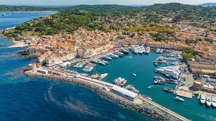 Aerial view of Saint-Tropez in summer, a famous tourist destination on the Cote d'Azur, France.