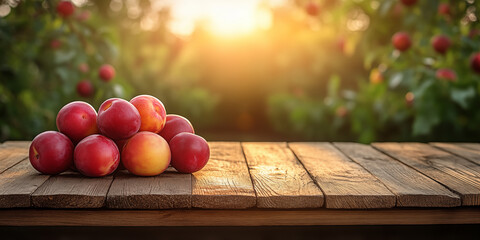 Fresh plums stacked on rustic wooden table with plum orchard background glowing in morning sun, perfect for food advertising, wellness branding, organic product packaging and website hero banners.