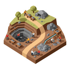 Isometric Illustration of Mining Operation Scene.