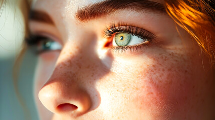 Close-up shot of eye and nose highlighted by warm natural sunlight
