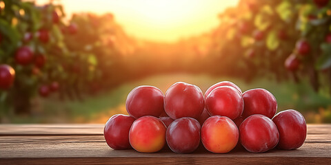 Fresh plums stacked on rustic wooden table with plum orchard background glowing in morning sun, perfect for food advertising, wellness branding, organic product packaging and website hero banners.