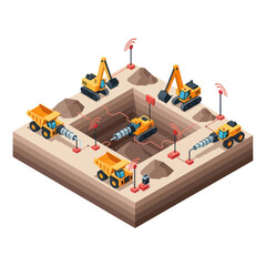 Construction Site with Heavy Machinery and Excavators.