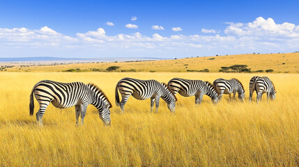 Zebras grazing peacefully in golden African grasslands