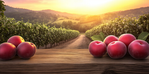 Close up of a fresh plums stacked on rustic wooden table with plum orchard background glowing in morning sun, perfect for food advertising, wellness branding, organic product packaging