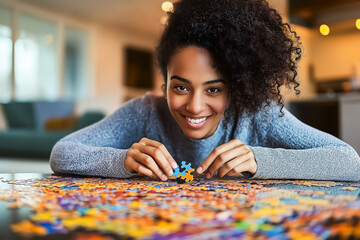 Happy woman solving colorful puzzle pieces on a table at home