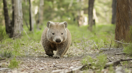 Cute wombat walking along a forest path in natural habitat