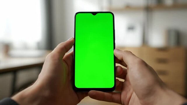 First person perspective of a man holding a smartphone with a green screen display.