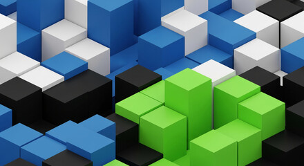 Naklejka premium Isometric view of cube composition in blue, white, black and green, creating a vibrant dimensional mosaic, representing depth, structure, and modernity