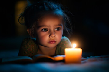 Young girl reading a book by warm candlelight in the dark