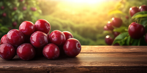 Close up of a fresh plums stacked on rustic wooden table with plum orchard background glowing in morning sun, perfect for food advertising, wellness branding, organic product packaging