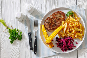 Texas Medium Rare Steak with Fries and Corn
