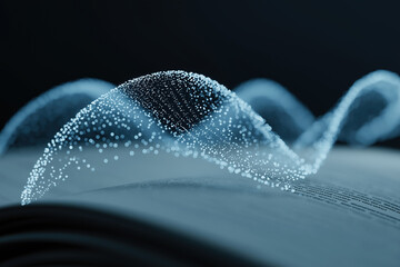 Glowing particle wave floats above open book representing digital knowledge.