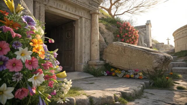 The empty tomb of Jesus with the stone rolled away on a sunny morning. Colorful spring flowers celebrating the resurrection on Easter. Christian faith and hope concept