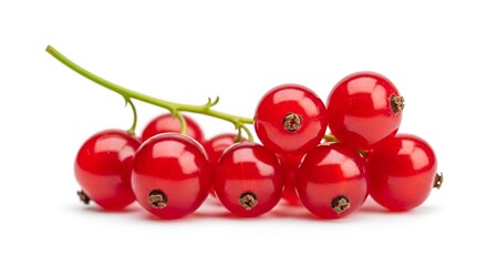 Fresh red currants on a green stem against white background for healthy eating and food photography