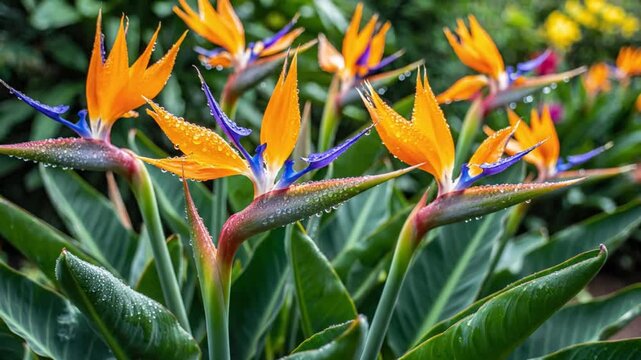 Close-up of Vibrant Bird of Paradise Flowers with Morning Dew and Green Foliage in a Tropical Garden