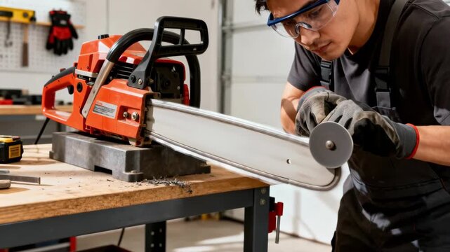 Medium shot of a person skillfully sharpening chainsaw teeth with a round file ensuring precision and safety.