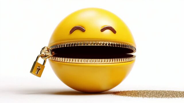 An expressive yellow smiley face with a zipper and padlock, symbolizing secrecy and joy, reveals a playful twist on emotions while showcasing a blend of fun and mystery.