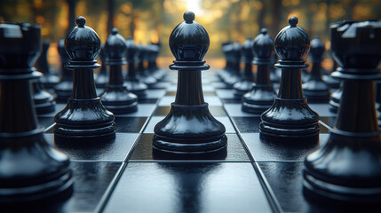 Black Pawn on a Chessboard Surrounded by Other Chess Pieces