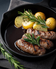 Grilled sausages and potatoes simmer in cast-iron skillet with rosemary.