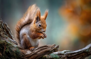 Fototapeta premium A red squirrel perched on a branch, holding a nut in its paws