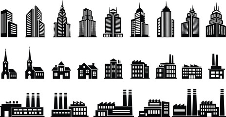 City skyline building icons set, urban skyscraper silhouette collection, industrial factory plant symbols,  © MDRAZIURRAHMAN